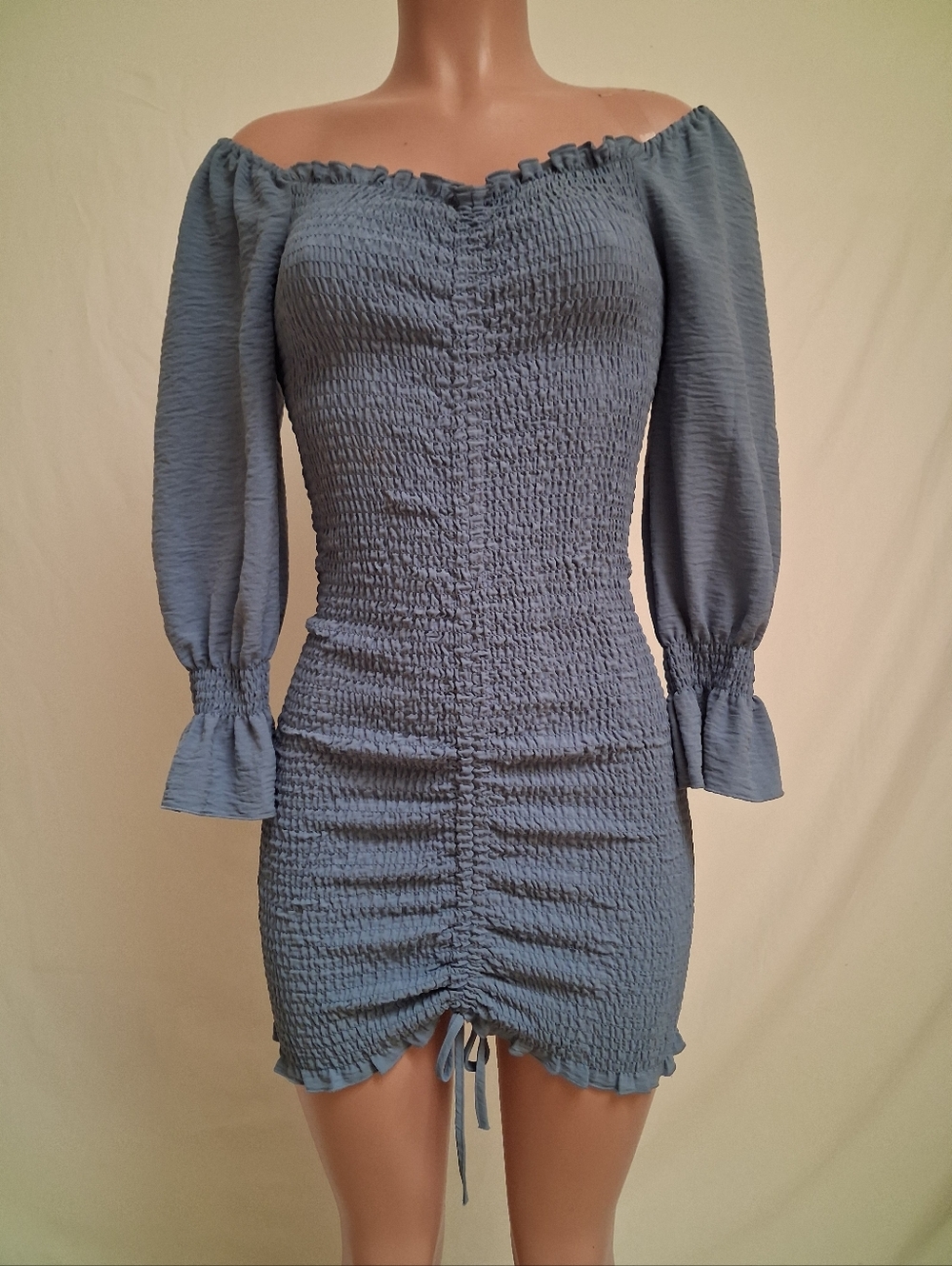 Love Tree Off Shoulder Smocked Mini Dress Blue Long Sleeve Ruched Size M